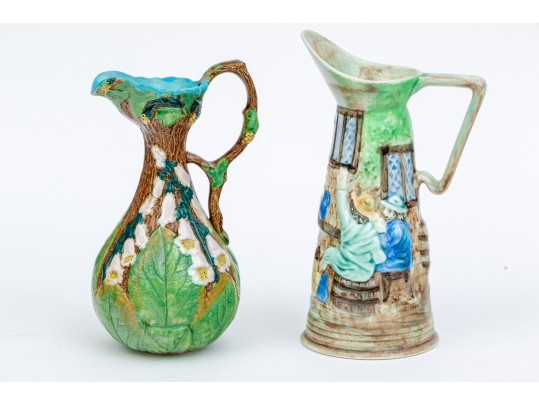 Collection Of 2 English Hand Painted Polychrome Finished Ceramic Water Pitchers