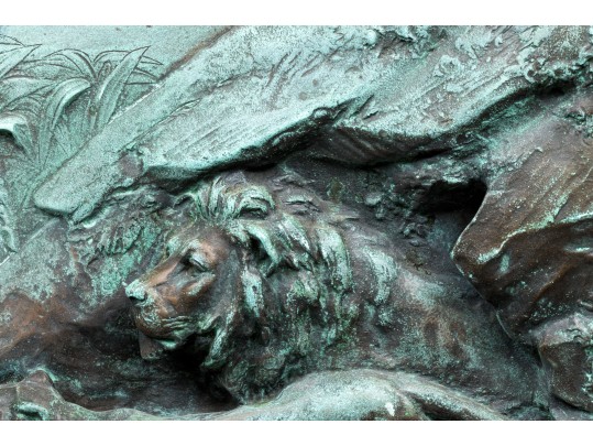 Vintage High Relief Bronze Plaque, Lions In A Landscape
