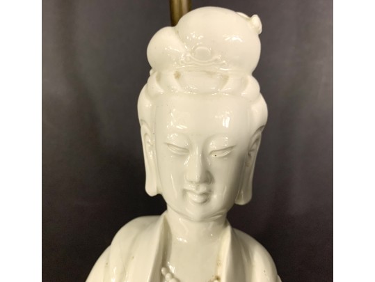 Unusual Vintage Signed Chinese Porcelain Guanyin Blanc De Chine Figure Mounted As A Lamp