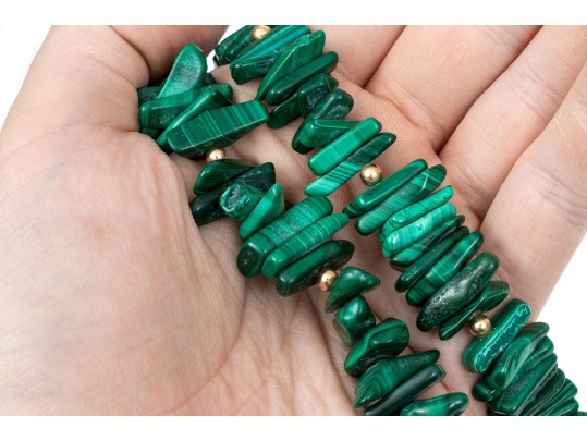 Stately Malachite And 14K Beaded Strung Necklace