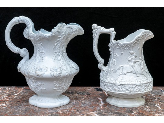 Fantastic, Antique Group Of 2 Antique, Salt Glazed Parion Ware Water Pitchers