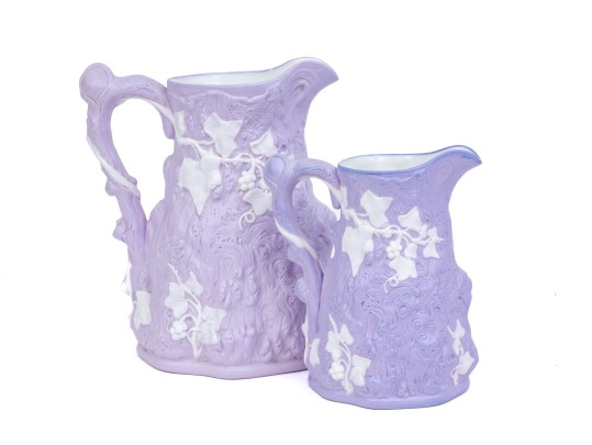 Set Of 2 Antique, English Samuel Alcock & Co. Parian Lilac Ground Water Pitchers