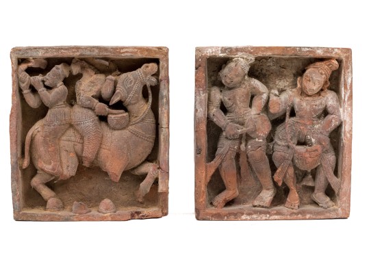 Decorative Set Of Two Semi Antique Asian Figural Brick Tiles