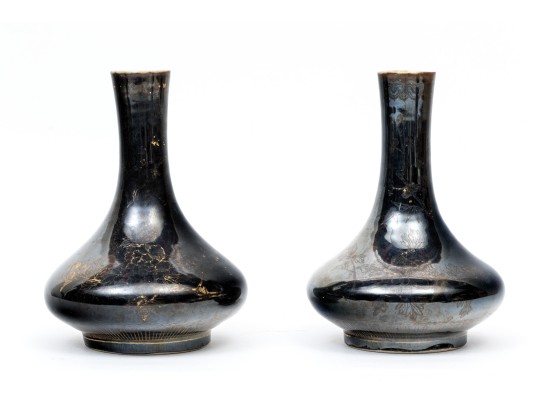 Antique Qing Dynasty Chinese Pair Of Glazed And Gilt Finished Porcelain Bottle Vases