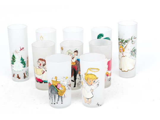 Set Of 10 Vintage Paint Decorated Christmas Theme Glasses
