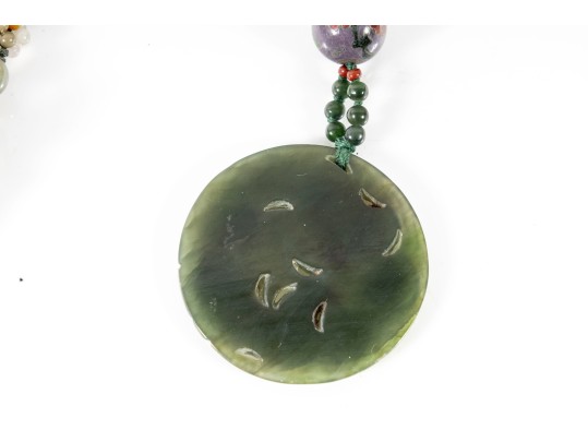 Vintage Asian Beaded Jade & Soapstone Talismans  With Earrings