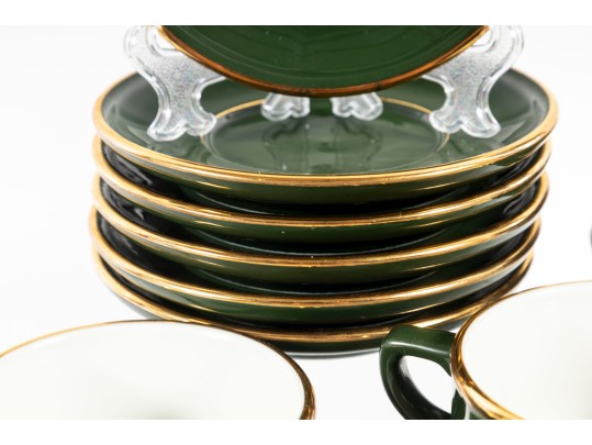 Apilco French Porcelain Bistroware Green & Gold Coffee & Tea Set