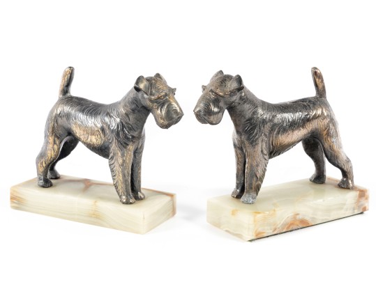 Decorative Onyx-Mounted Brass Scottish Terrier Sculptures 