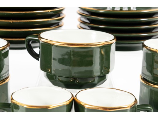 Apilco French Porcelain Bistroware Green & Gold Coffee & Tea Set