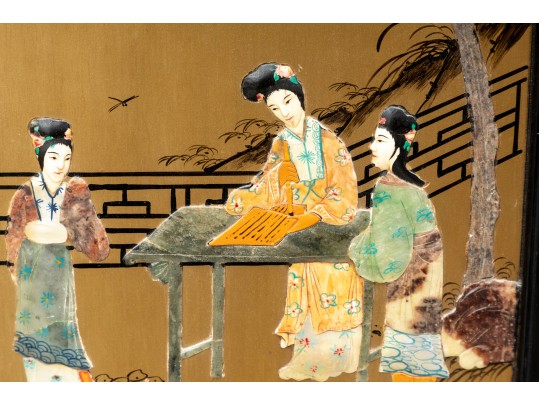 Mid-20th Century Chinese Semi-precious Stone Four Panel Floor Screen