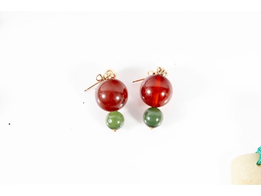 Vintage Asian Beaded Jade & Soapstone Talismans  With Earrings