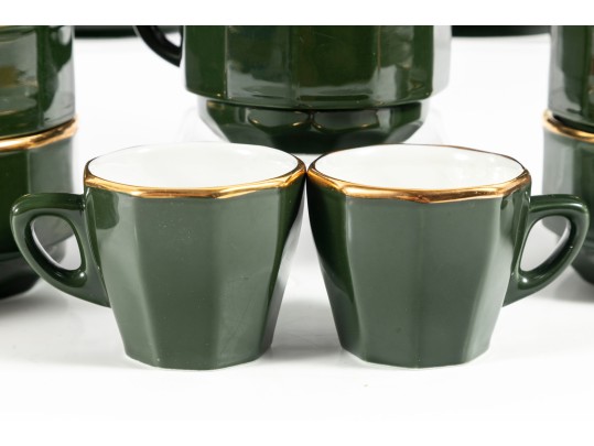 Apilco French Porcelain Bistroware Green & Gold Coffee & Tea Set