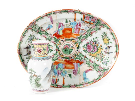 Vintage Cantonese Style Porcelain Plate & Vase