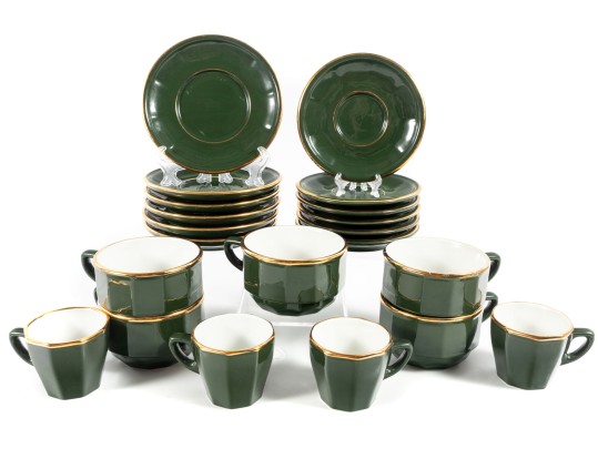 Apilco French Porcelain Bistroware Green & Gold Coffee & Tea Set