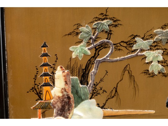 Mid-20th Century Chinese Semi-precious Stone Four Panel Floor Screen