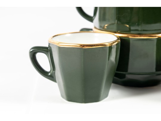 Apilco French Porcelain Bistroware Green & Gold Coffee & Tea Set