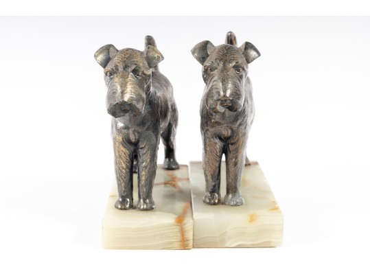 Decorative Onyx-Mounted Brass Scottish Terrier Sculptures 
