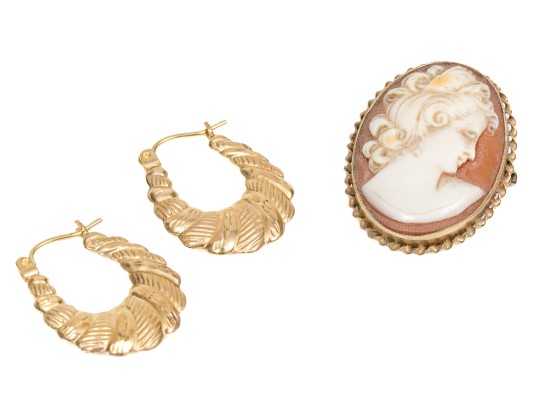 10K Cameo Brooch/Pendant And Diamond-Cut Hoop Earrings