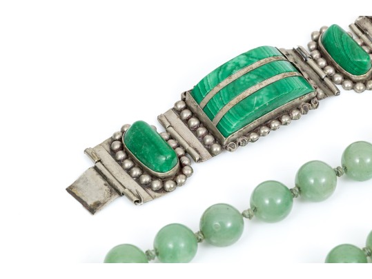 Silver Bracelet, Earrings And Beaded Necklaces