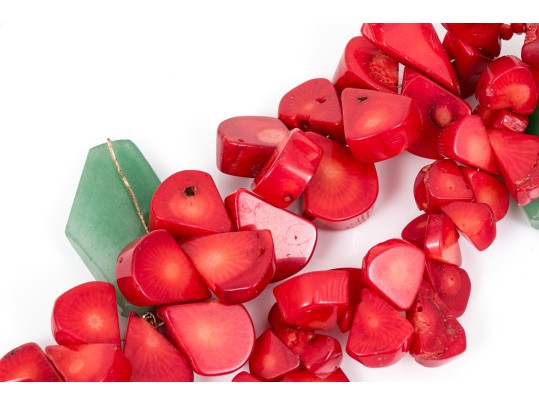 Chunky Coral And Green Aventurine Double Strand Fashion Necklace, With Earrings