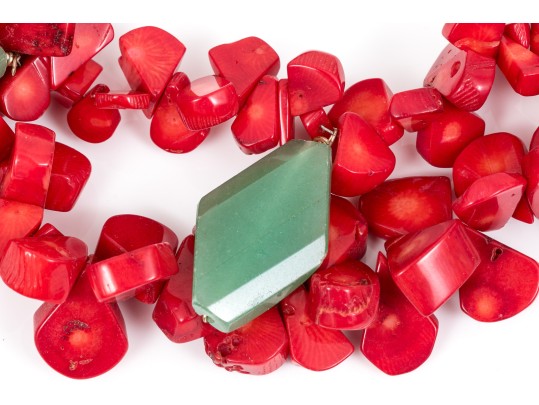 Chunky Coral And Green Aventurine Double Strand Fashion Necklace, With Earrings