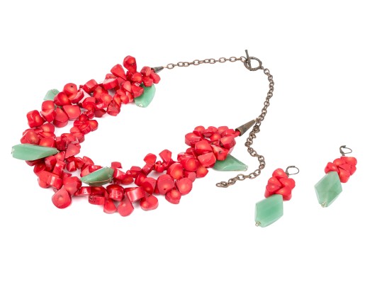 Chunky Coral And Green Aventurine Double Strand Fashion Necklace, With Earrings