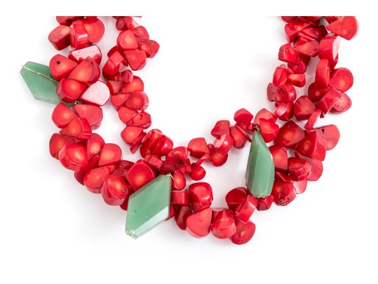 Chunky Coral And Green Aventurine Double Strand Fashion Necklace, With Earrings