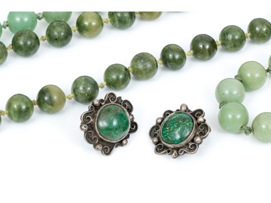 Silver Bracelet, Earrings And Beaded Necklaces