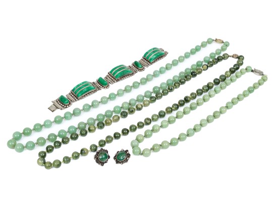 Silver Bracelet, Earrings And Beaded Necklaces