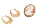 10K Cameo Brooch/Pendant And Diamond-Cut Hoop Earrings