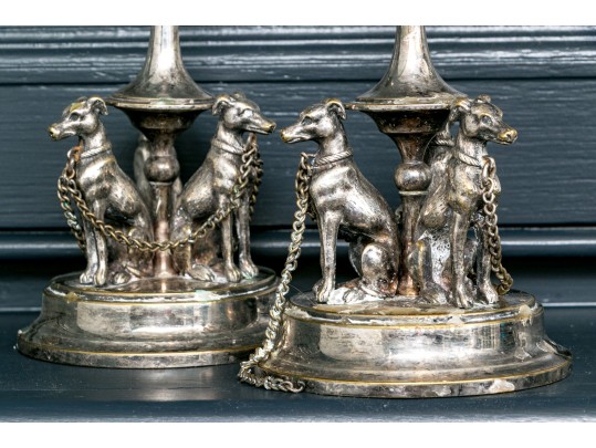 Pair Of English Silver Plated Figural Greyhound Candlesticks Ca. 1880 Or Earlier