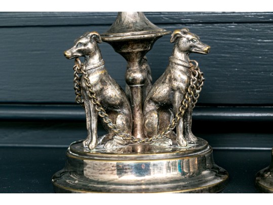 Pair Of English Silver Plated Figural Greyhound Candlesticks Ca. 1880 Or Earlier