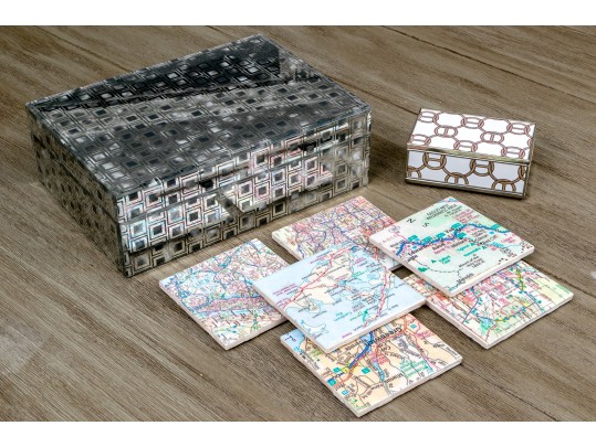 Wonderful Art Deco Style Table Decor Including Storage Box, Matchbox, And Coasters