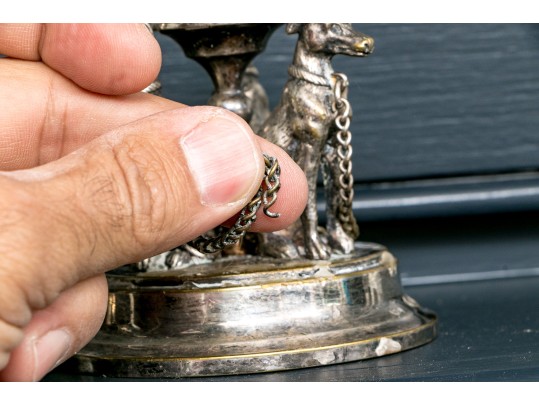 Pair Of English Silver Plated Figural Greyhound Candlesticks Ca. 1880 Or Earlier