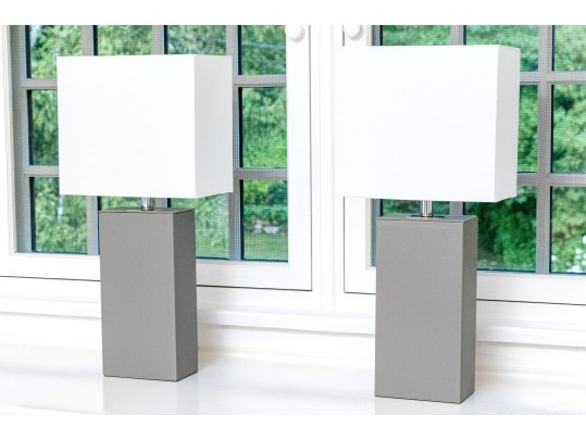 Pair Of Chic Contemporary Table Lamps In Gray Leatherette
