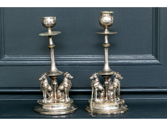 Pair Of English Silver Plated Figural Greyhound Candlesticks Ca. 1880 Or Earlier