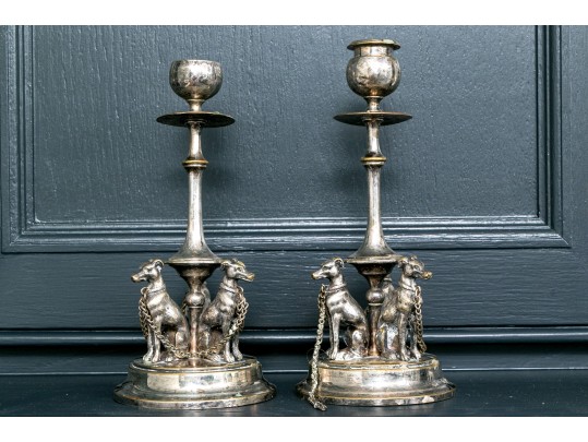 Pair Of English Silver Plated Figural Greyhound Candlesticks Ca. 1880 Or Earlier