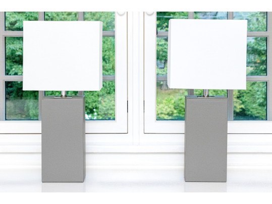 Pair Of Chic Contemporary Table Lamps In Gray Leatherette