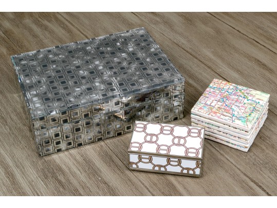 Wonderful Art Deco Style Table Decor Including Storage Box, Matchbox, And Coasters