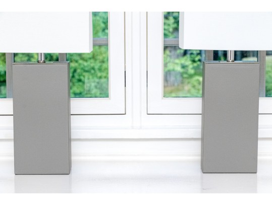 Pair Of Chic Contemporary Table Lamps In Gray Leatherette