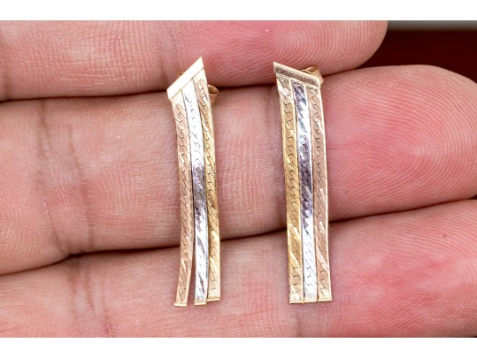 14K Tricolor Gold Herringbone Chain Dangle Earrings