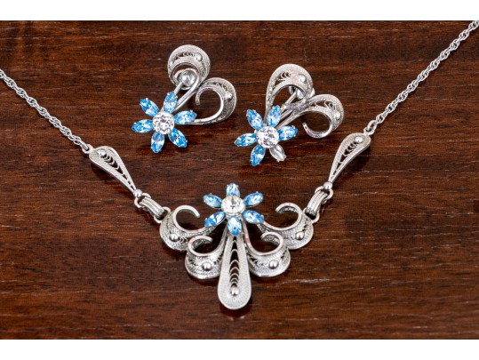 Lovely Sterling Silver Jewelry Suite With Blue And Clear Stones