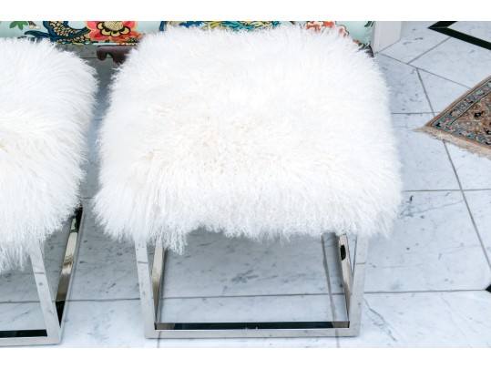 Pair Of Quality Mongolian Lambswool And Chrome Stools