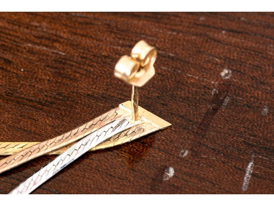 14K Tricolor Gold Herringbone Chain Dangle Earrings