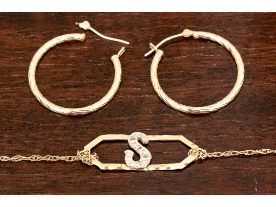 14K Yellow Gold Bracelet And Earrings