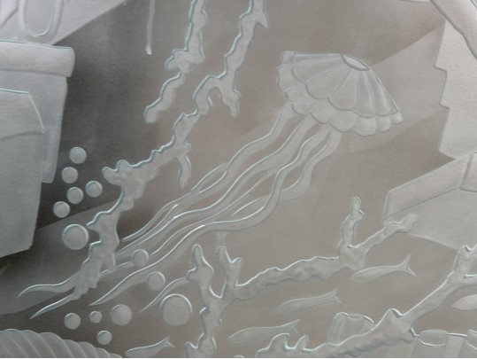 Dennis Abbe (B. 1941) Impressive Etched Aquatic Glass Panel