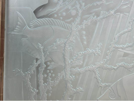 Dennis Abbe (B. 1941) Impressive Etched Aquatic Glass Panel