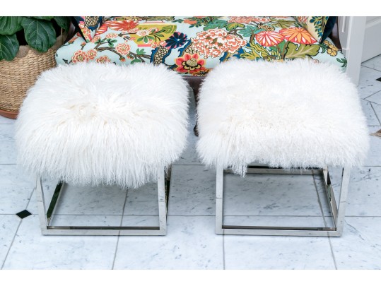 Pair Of Quality Mongolian Lambswool And Chrome Stools