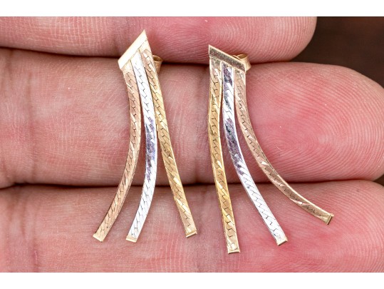 14K Tricolor Gold Herringbone Chain Dangle Earrings