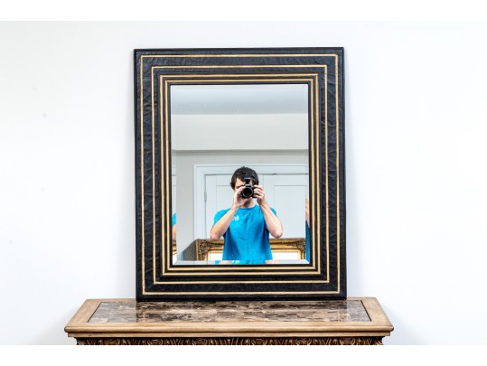 Stylish Pair Of Geometric Striped, Ebonized, And Gilt Finished Mirrors
